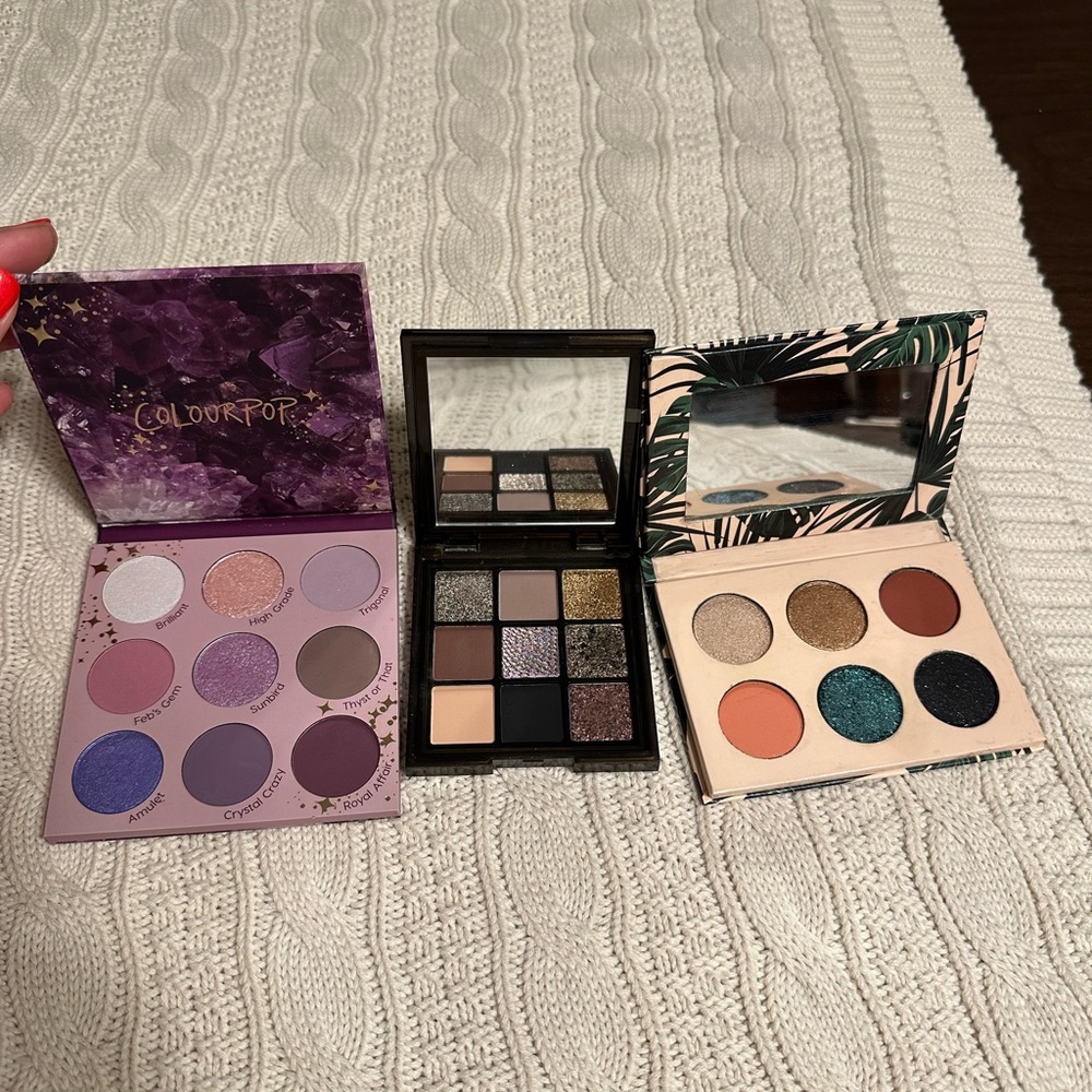 Set of 3 smaller eyeshadow palettes- gently used. Colourpop, Huda Beauty, D.O.C.
